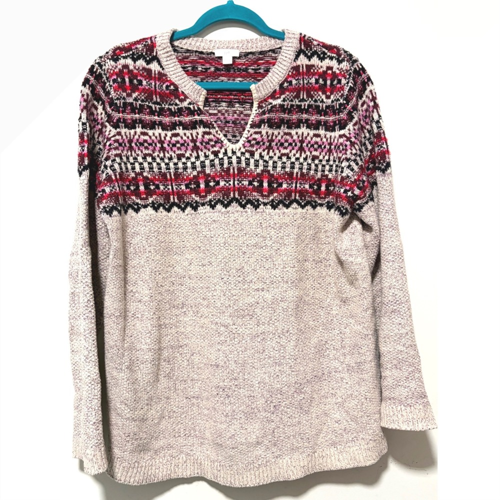 J. Jill Women Red Pink Fair Isle Marled Knit Split Neck Sweater Large